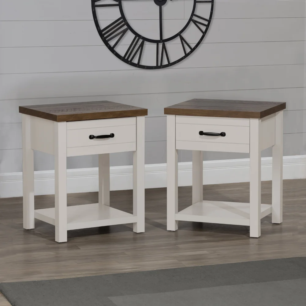

,Lancaster Farmhouse Oak Top 1 Drawer Nightstand, Set of 2, Ivory NightStands for Bedroom Bedside Table Black