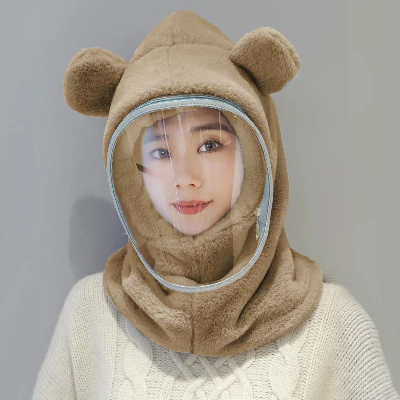 Ветрозащитная шапка с маской женская зимняя толстая теплая рукавами и ушками для