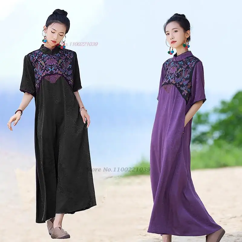 2023 traditional chinese vintage hanfu dress national flower embroidery jacquard dress oriental folk long dress retro streetwear