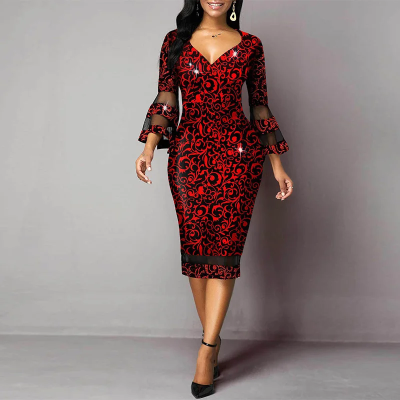 Женское облегающее платье с винтажным принтом офисное привлекательное Сетчатое