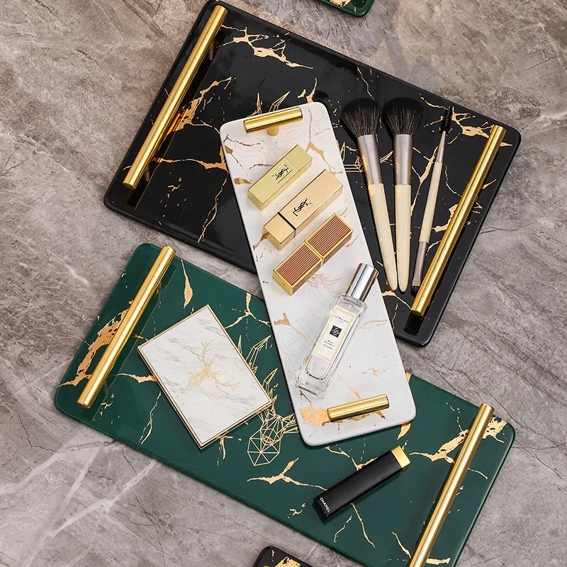 Golden Handle Ceramic Trays Decorative Nordic Modern Gold Marble Texture Home Bathroom Cosmetic Skin Care Products Storage Tray |