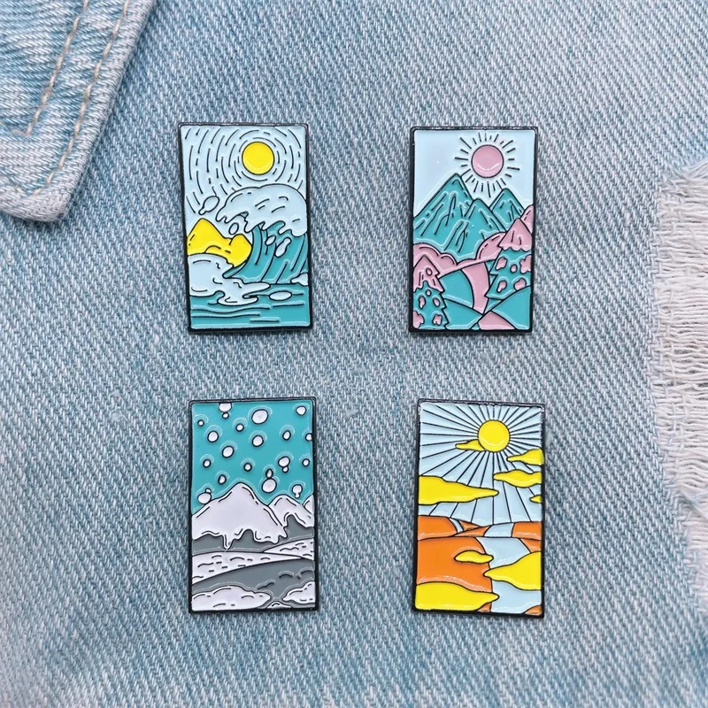 

Creative Geometry Landscape Drawing Enamel Brooch Sunrise Wave Snow Mountain Sun Alloy Pins Badge Sweet Jewelry Gift