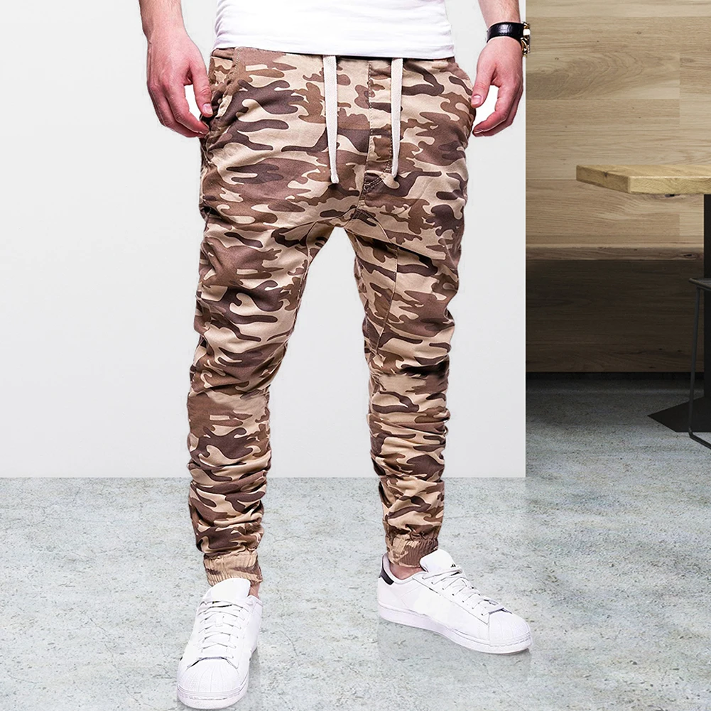 

Casual Male Long Pants Men Lace-up Daily Elastic Middle Waist Sweatpants Camo Print Patchwork Knee Folds Pants Sportswear