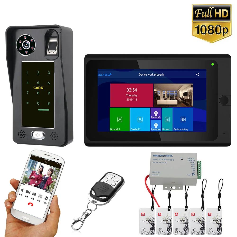 

7 inch Wifi Wireless Fingerprint IC Card Video Door Phone Doorbell Intercom System with Wired HD 1080P camera Free shipping