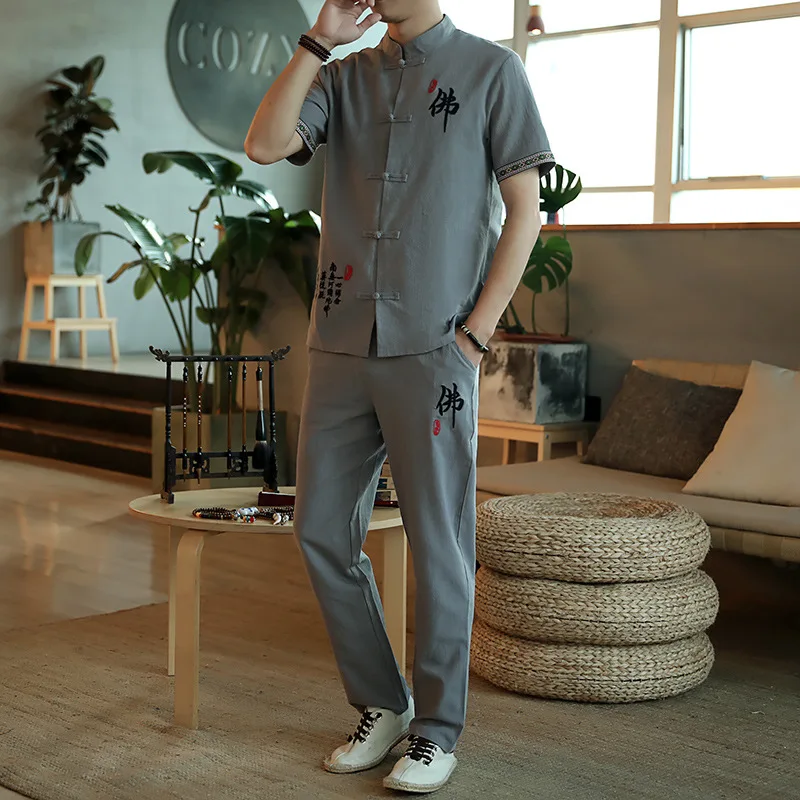 

Мужской костюм Тан Yourqipao 2023, рубашка ханьфу с вышивкой текста в стиле ретро, костюм с футболкой и брюками, униформа кунг-фу ушу Тай Чи из двух предметов