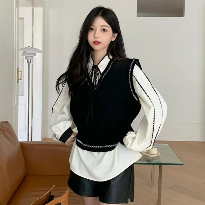 

Осенний Модный женский свитер, жилет в стиле преппи с V-образным вырезом, Свободный вязаный жилет и рубашка, комплект из двух предметов, милы...