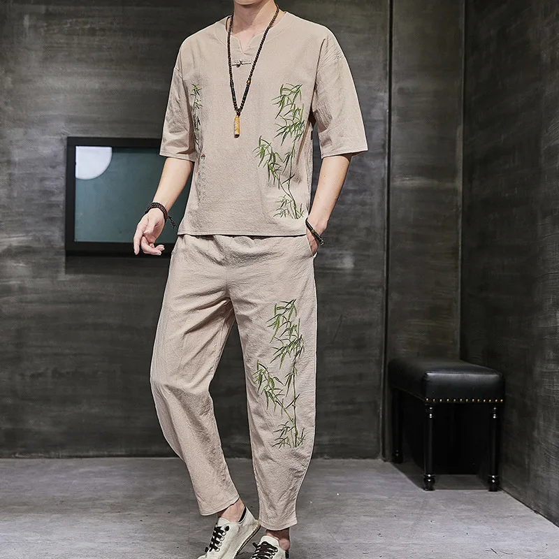 Embroidery Bamboo Buckle Men Pajamas Sets 2PCS Cotton T-Shirts Sleepwear Summer Chinese Style Casual Home Wear Large Size