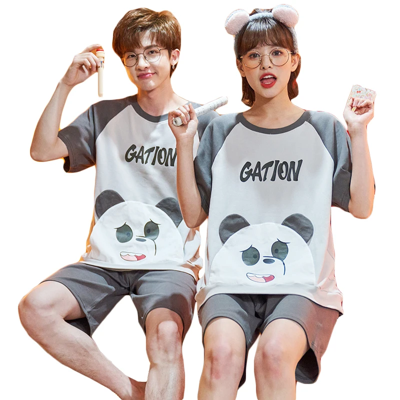 Summer Couple Pajamas Set Cotton Nightwear Sleepwear Women Men Cartoon Panda Pijama Korean Loose Lover Pyjama Night Wears