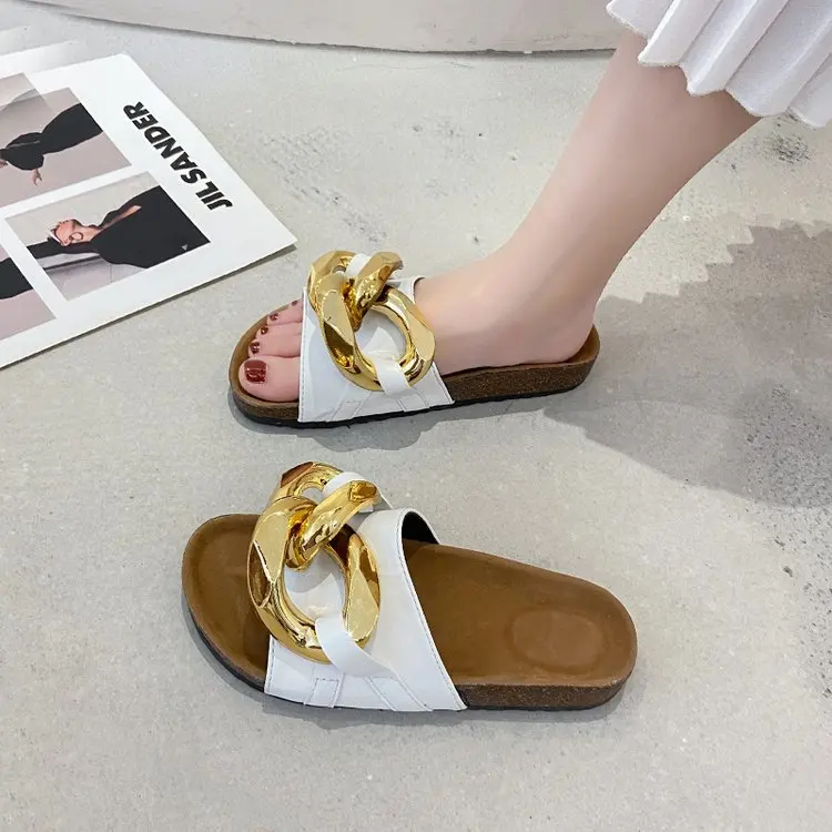 Women's Fashion Sandals 2022 Summer New Flat Bottom Solid Color Metal Chain Sandals Beach Women's Sandals  Women Shoes 43