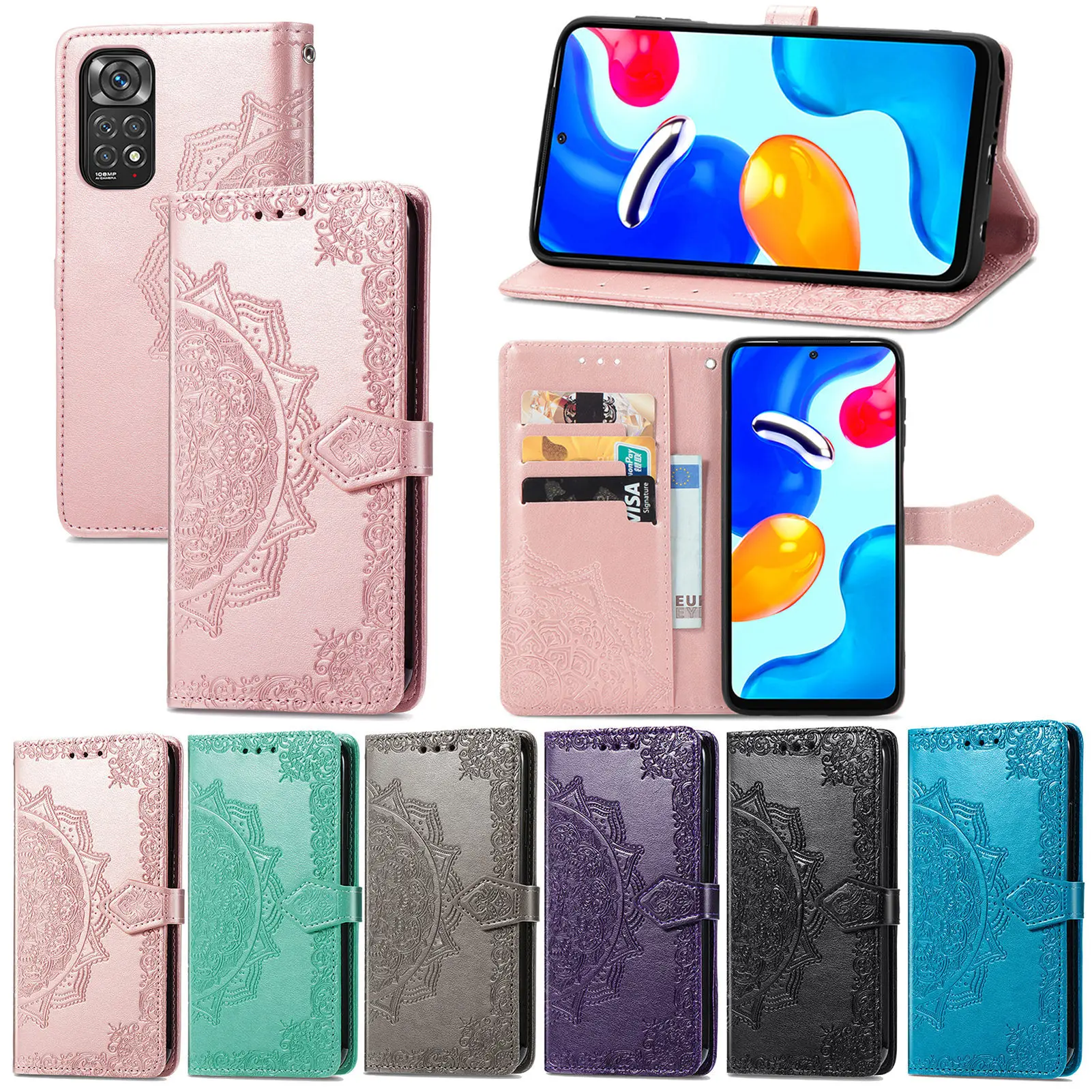 

Fashion Mandala Card Flip Case For Xiaomi Redmi Note 11 11S 11T 5G 10 9 8 7 Pro Leather Protective Cover Coque for Note 9 Pro