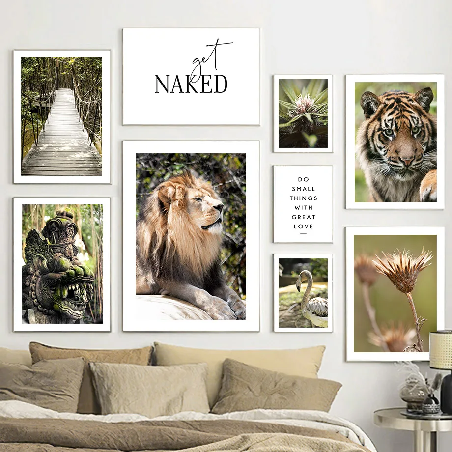 

Jungle Lion Tiger Forest Bridge Flowers Wall Art Canvas Painting Nordic Posters And Prints Wall Pictures For Living Room Decor