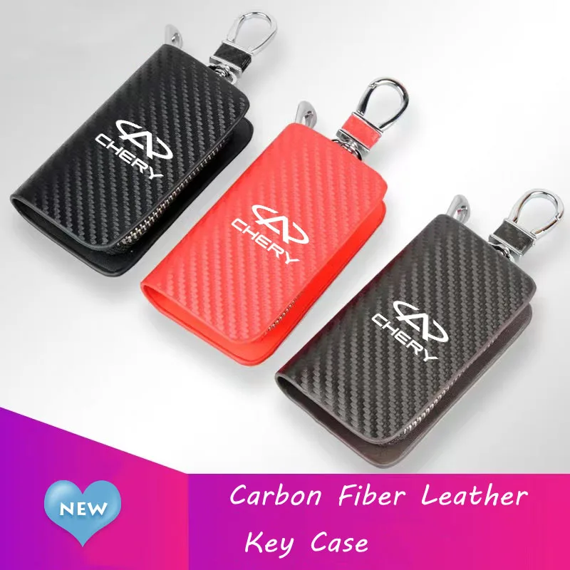 

Carbon Fiber Pattern Leather Car Logo Key Cover Remote Key Case for Chery Tiggo 2 3 8 Qq Iq Blossom 5 A1 A3