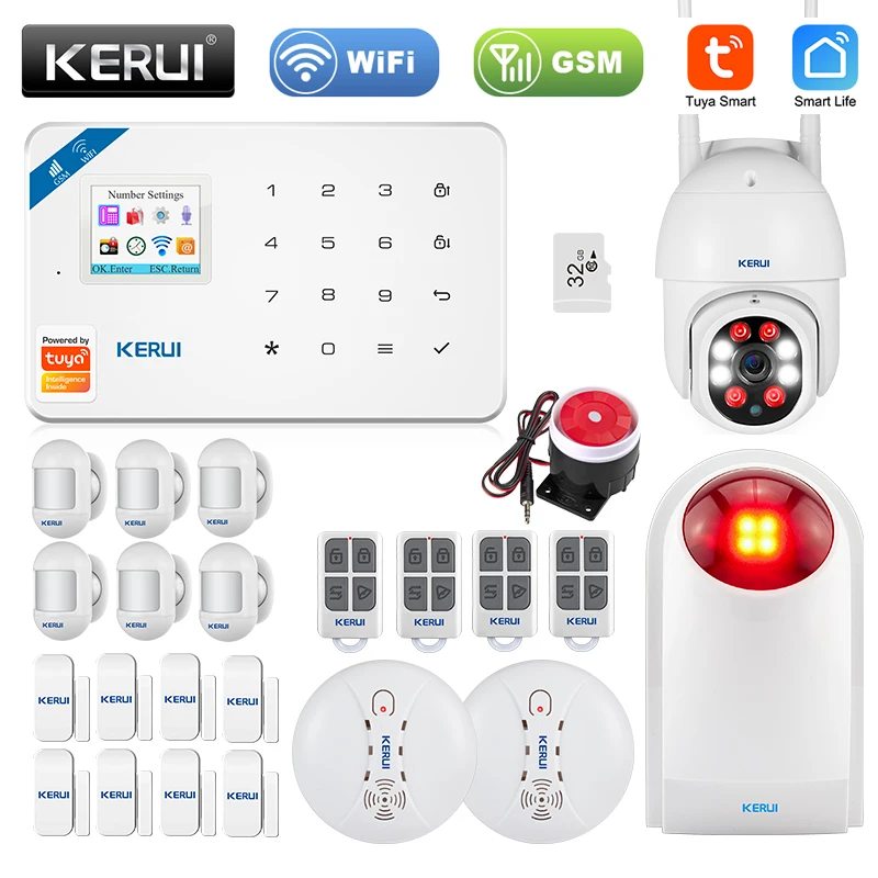 KERUI W181 WiFi GSM Smart Home Security Alarm 1.7 Inch TFT Color Screen Tuya APP Control Burglar Motion Detector Door Sensor Kit