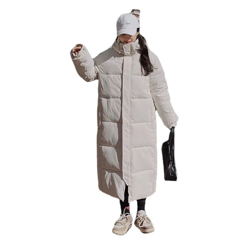Korean version loose and lengthened knee down cotton padded jacket for women in 2022 winter new hooded and thickened cotton