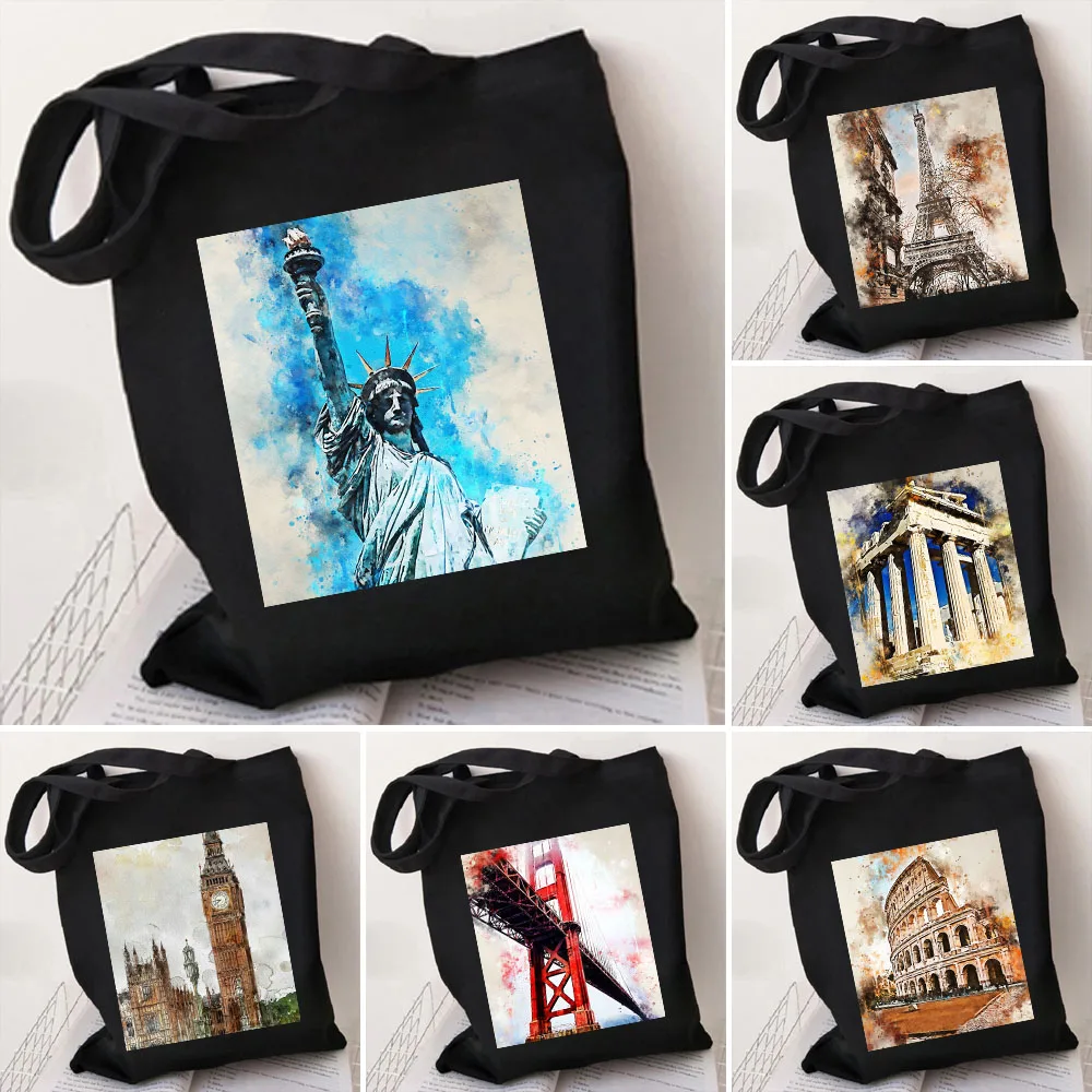 

Paris New York London Pisa Rome Athens Ink Painting Watercolor Women Girl Canvas Shoulder Handbag Tote Eco Shopper Shopping Bags