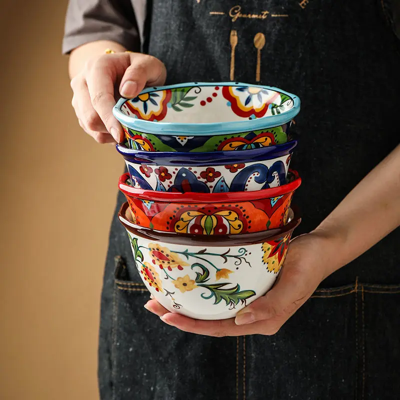 

Creative Bowl Ceramic Bohemian Hand-Painted Rice Bowl Instant Noodle Bowl Household Fruit Salad Bowl Kitchen Tableware