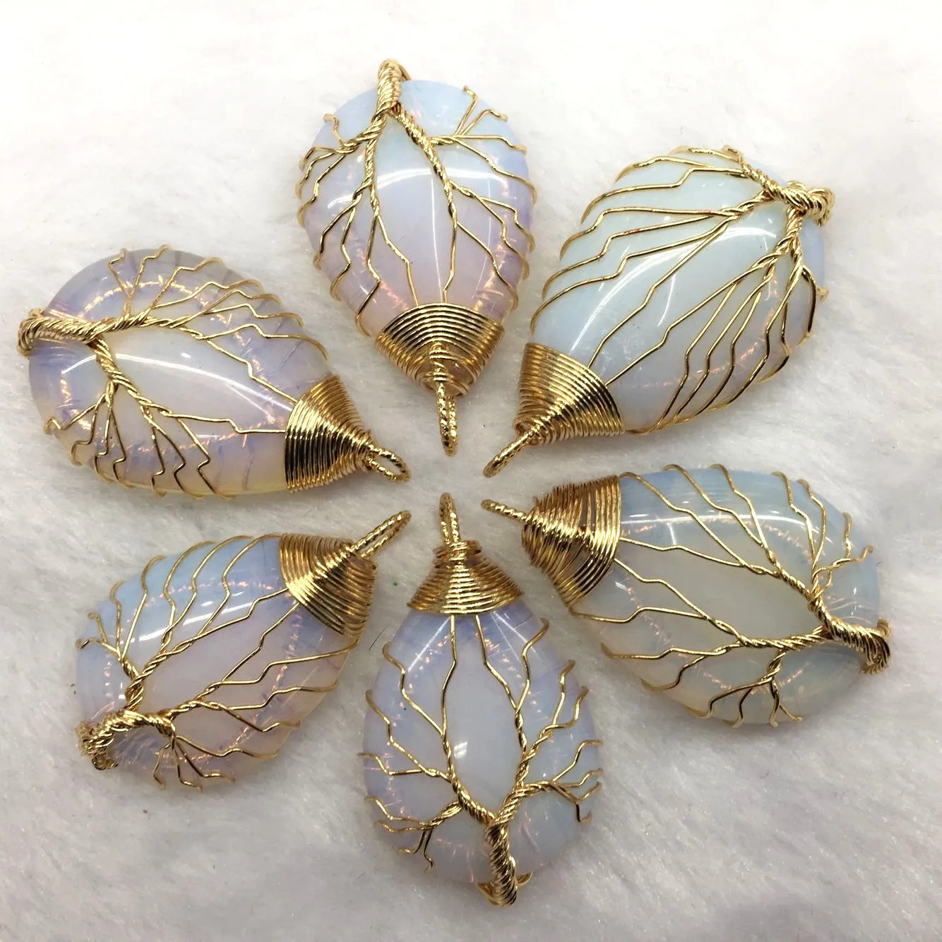 

Teardrop Opalite Crystal Gold Color Wire Wrap Handmade Tree of Life Drop Shape Natural Pendants