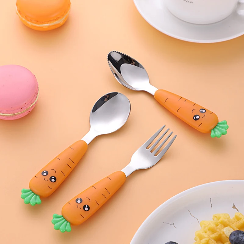 

Baby Cute Carrot Shape Spoon Fork Cutlery Set Toddler Kids Stainless Steel Learn To Eat Gadgets Tableware Set Baby Utensils