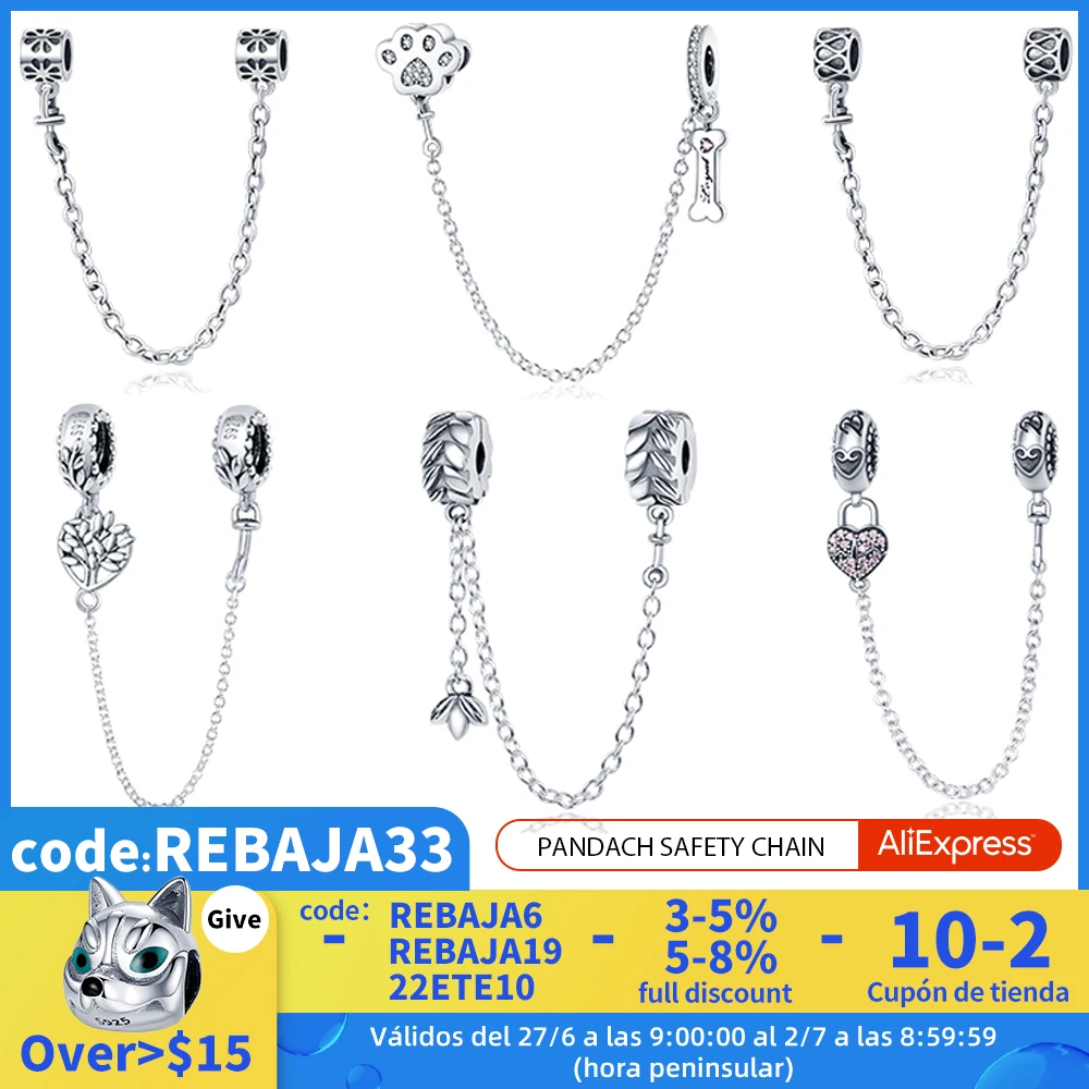 

New 100% 925 Silver Color Flower Safety Chain Charms Beads Fits Original Pandach Bracelet Women Pendant Bead Diy Jewelry 2022