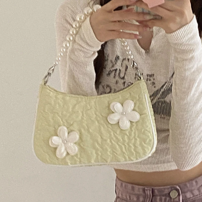 

MBTI 2022 Luxury New Trend Shoulder Bag for Women Silk Simple Casual Designer Flower Pearl Cute Ladies Crossbody Underarm Bags