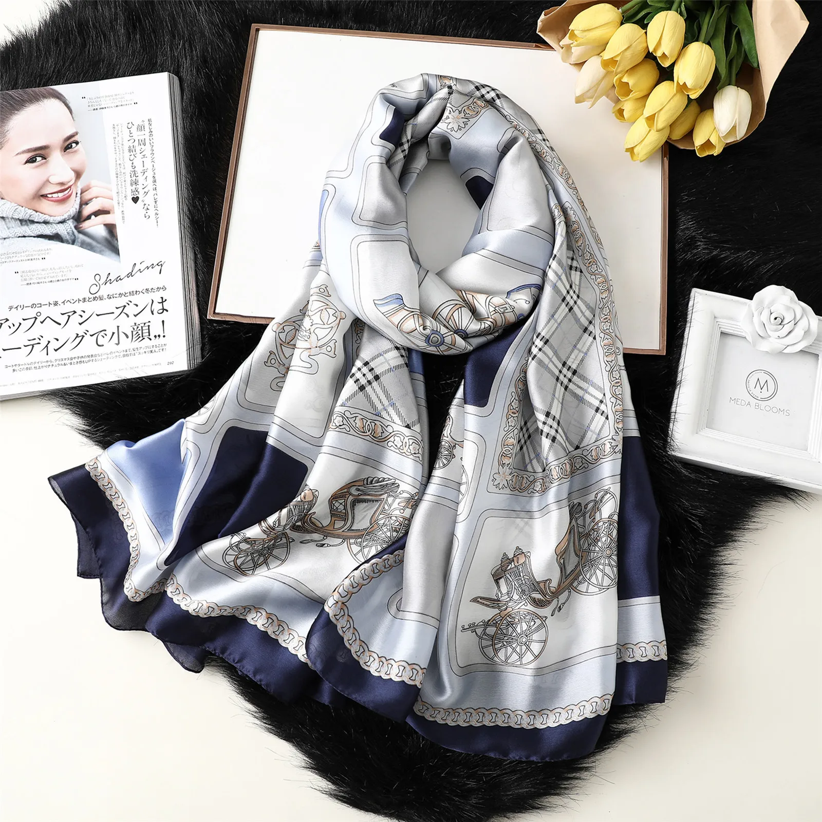 New Silk Satin Sunscreen Silk Scarf Women's New Four Seasons Carriage Chain Printed Shawl Silk Beach Scarf