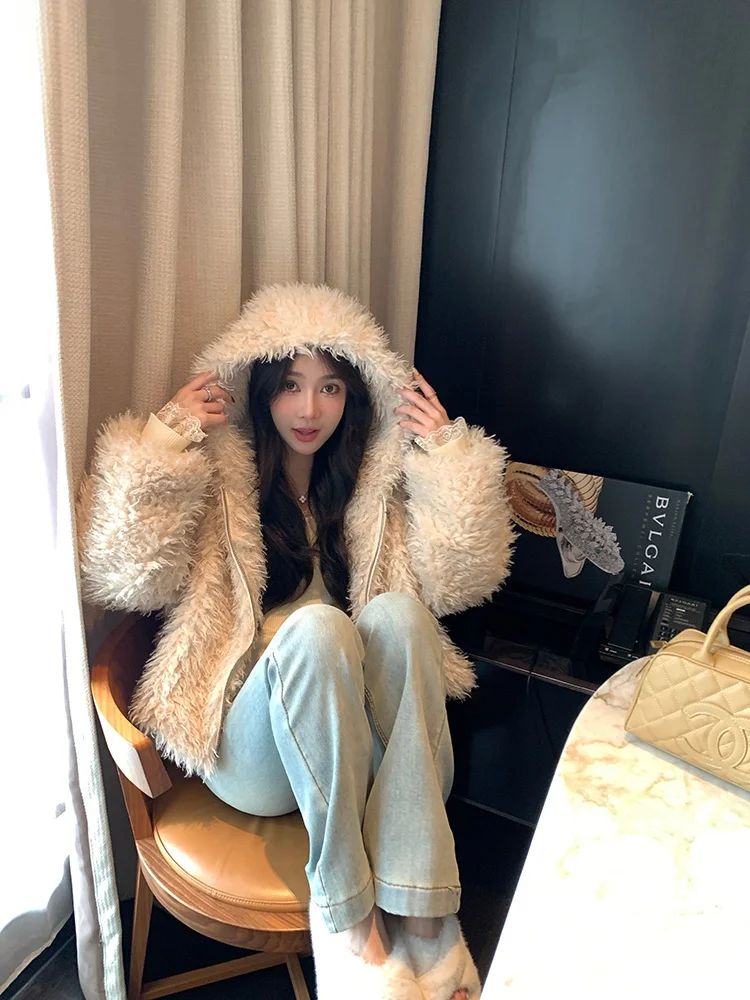 Chen Dayu Lamb плюшевый капюшон короткое пальто женское зимнее маленькое свободное