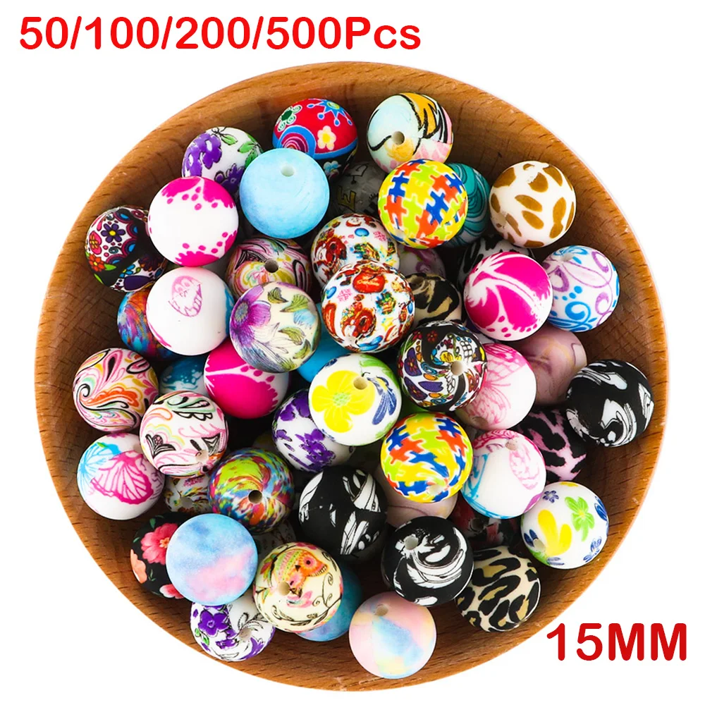 

Sunrony 15MM 50-500Pcs/Lot Round Printed Bead Leopard Print Silicone Beads DIY Pacifier Chain jewelry Necklace Accessories