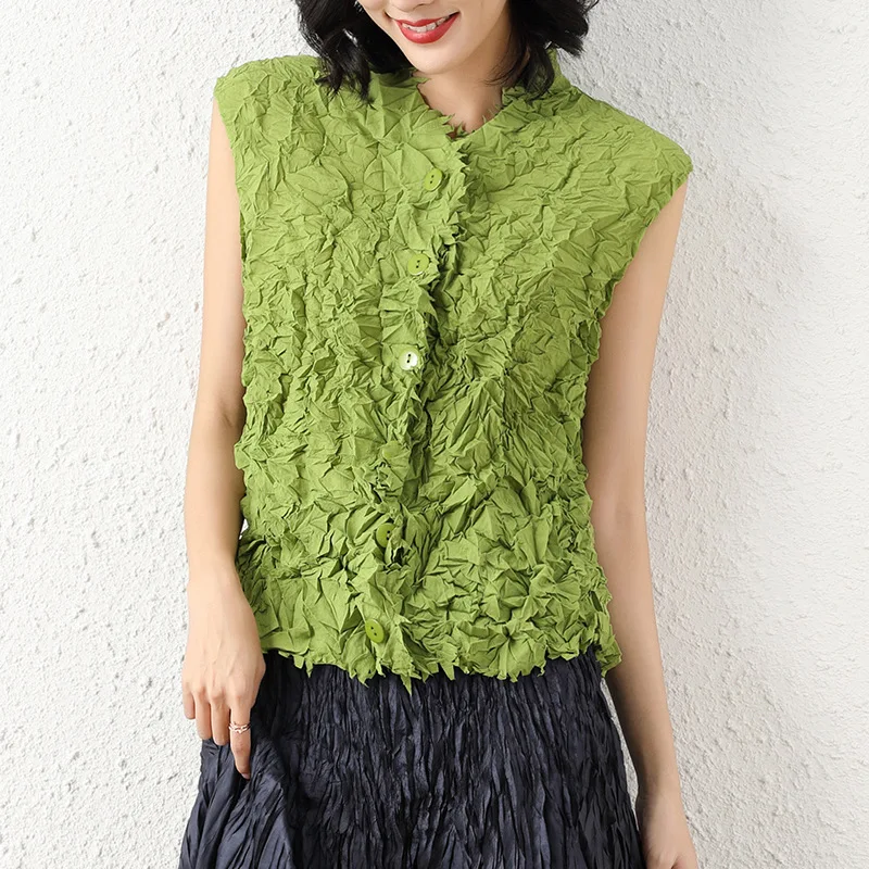 Mori tassel vest jacket women's summer Miyake casual vest pleated green short cardigan outside