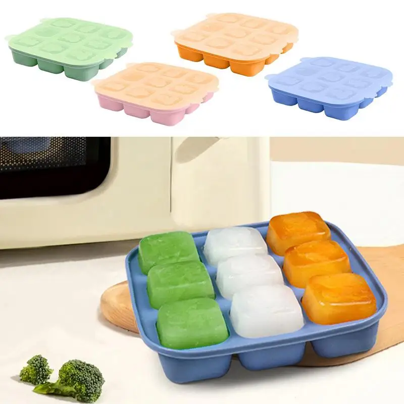 

9 Grids Ice Cube Tray Square Airtight Lid Easy-Release Flexible Spill-Resistant For Fruit Jelly Coffee Vegetable Puree Kitchen