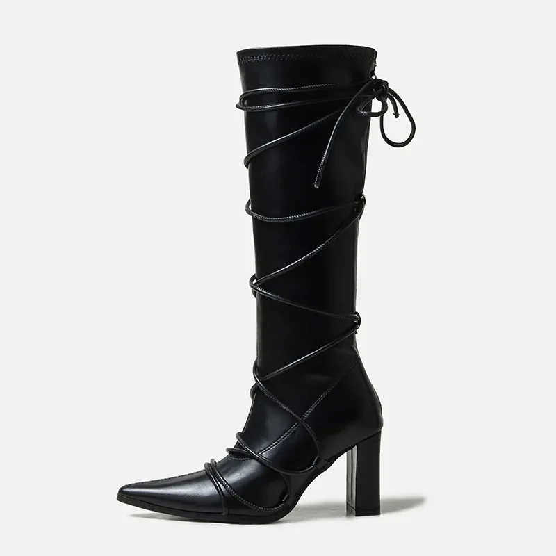 

Брендовый дизайн, модные Универсальные сапоги, черные женские модные сапоги на высоком каблуке с перекрестными ремешками