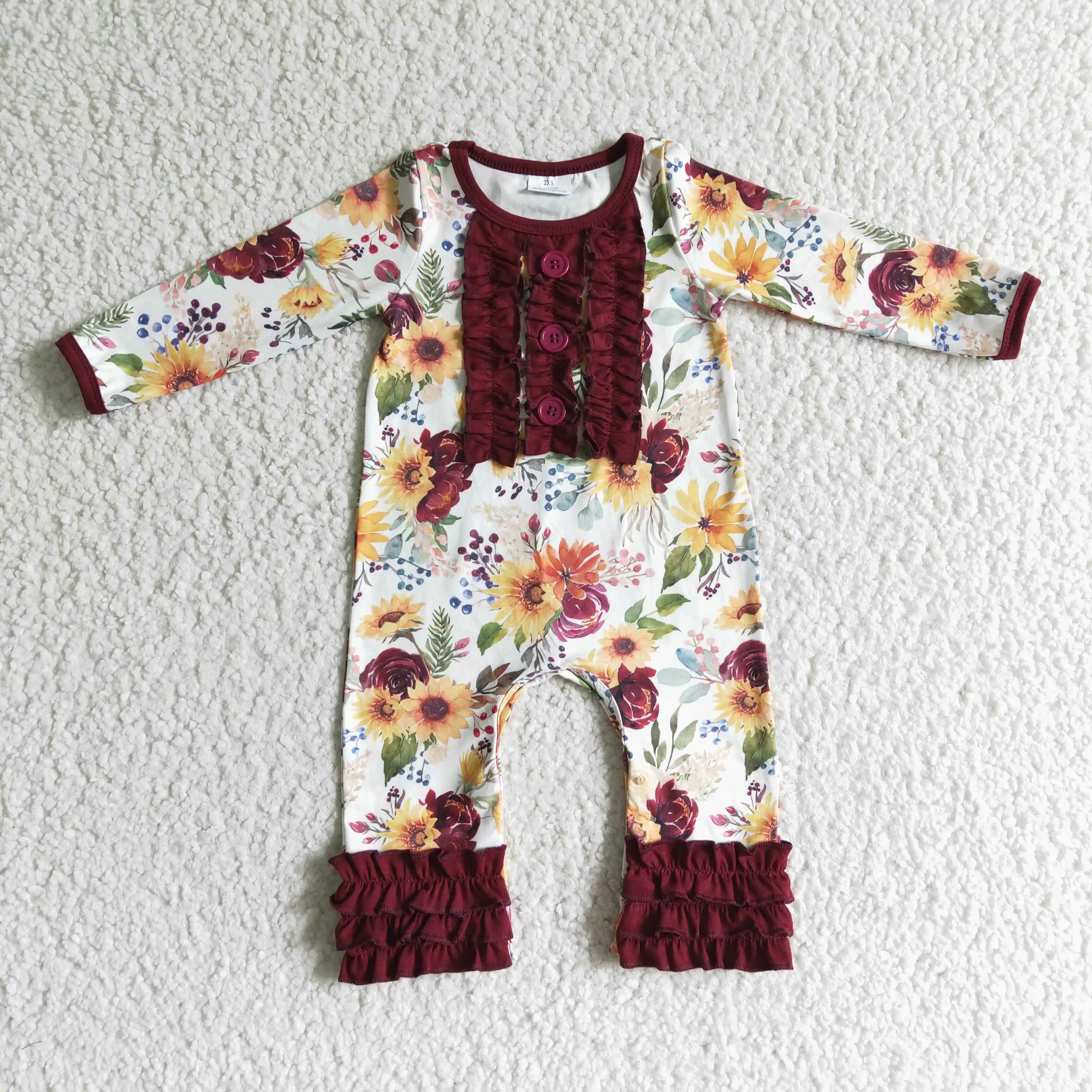 

Boutique baby rompers flower floral long sleeves ruffles design wholesale red wine wholesale toddler kids clothing