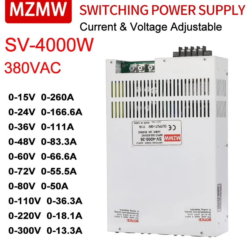 

MZMW SV-4000 High-power Switching Power Supply 4000W Three-phase AC 380V to DC 24V 36V 48V 60V 72V 80V 110V 220V Adjustable SMPS