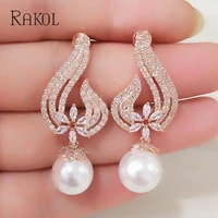 rakol vintage cz crystal imitation pearls heart flower bridal wedding drop earrings for women rose gold color gift jewelry re385