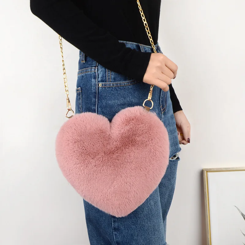 

Fashion Women's Heart Shaped Handbags Cute Kawaii Faux Fur Crossbody Bags Wallet Purse Plush Chain Shoulder Bag Lady Handbag