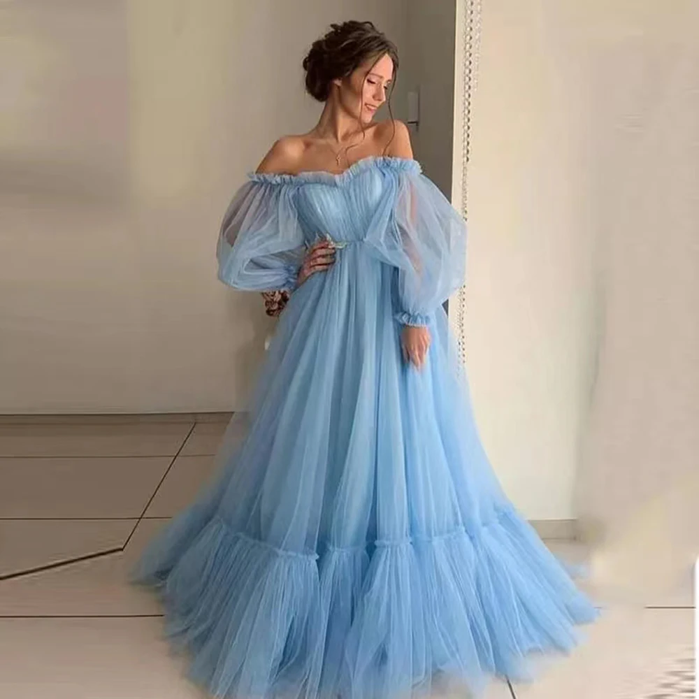 

2022 Long Sleeves Prom Dress Off The Shoulder Princess Dress A-Line Sweep Train Floor Length Lace Up Formal Party Gown