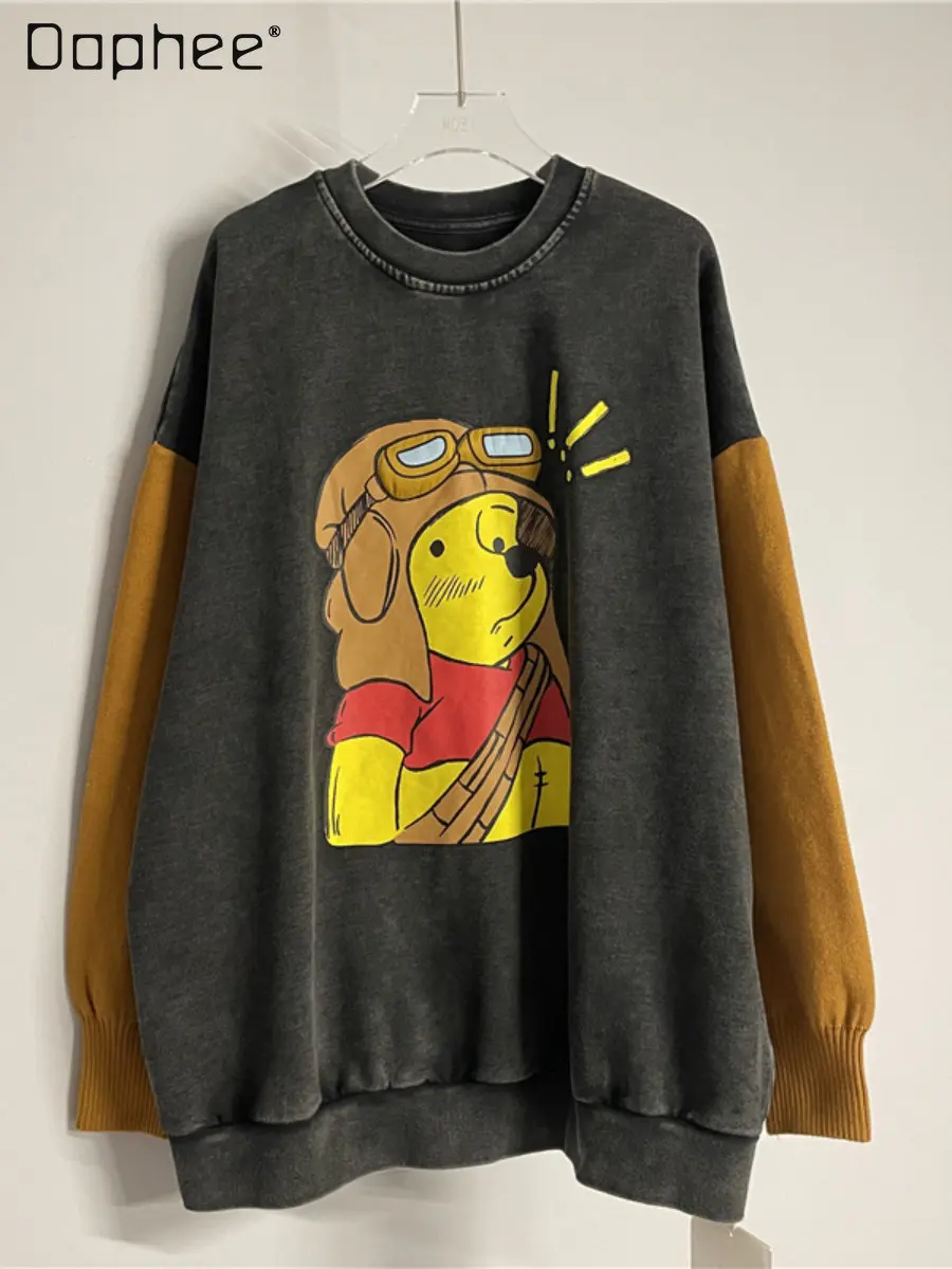 Women's Fashion Cartoon Bear Sweatshirts Autumn and Winter New Loose Knit Stitching Long Sleeve Thick Round Neck Pullover Coat
