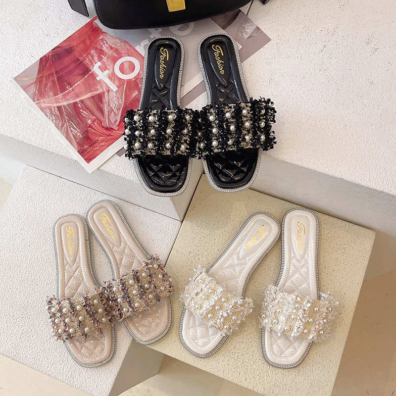 

Female Shoes String Bead Slippers Flat Luxury Slides Low 2022 Summer Designer PU Rome Basic Fashion Rubber Low Slippers Women Su