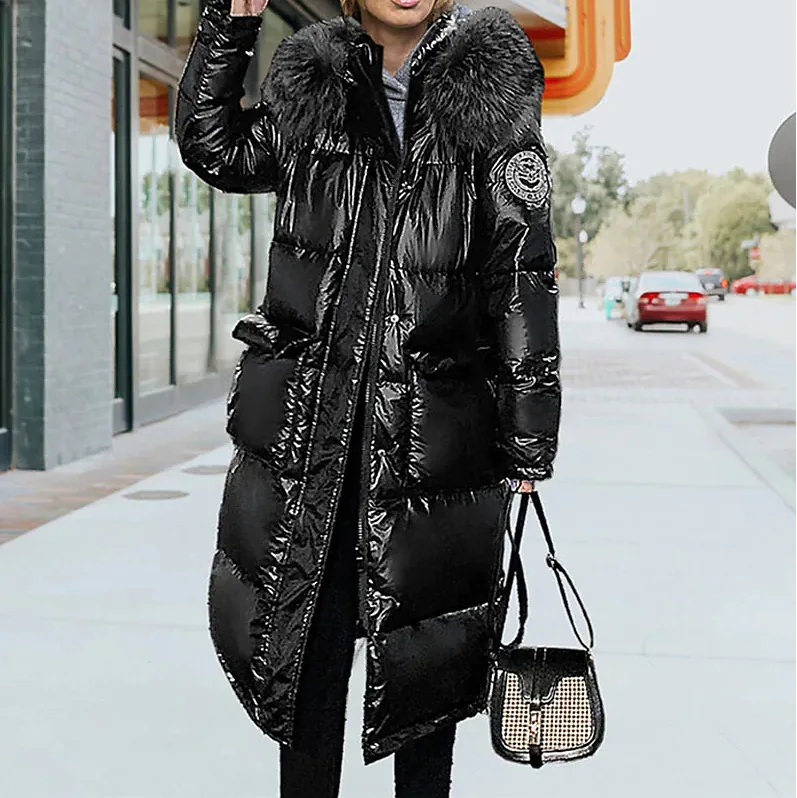 Shiny down cotton jacket for women Korean version, foreign style, medium length,  knee length, thickened coat