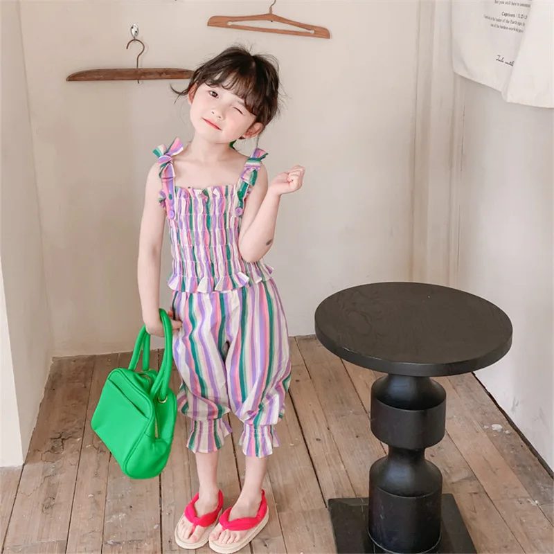 

Summer Girls 2 Pcs Set Toddler Pleated Vest + Pants Kids Suits For Baby Children Clothes Shoulder Lacing Striped Ruched 2-7Y