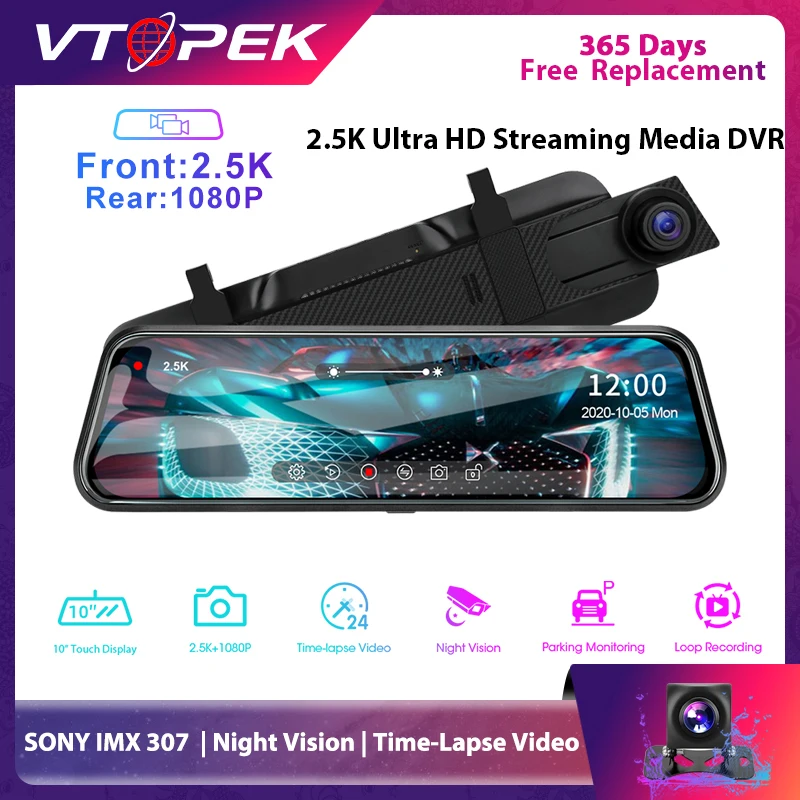 

Vtopek 10" 2.5K Car DVR Touch Screen Streaming Media Recorder Dual Lens Rear view Mirror Dash Cam Front and Rear Camera Display