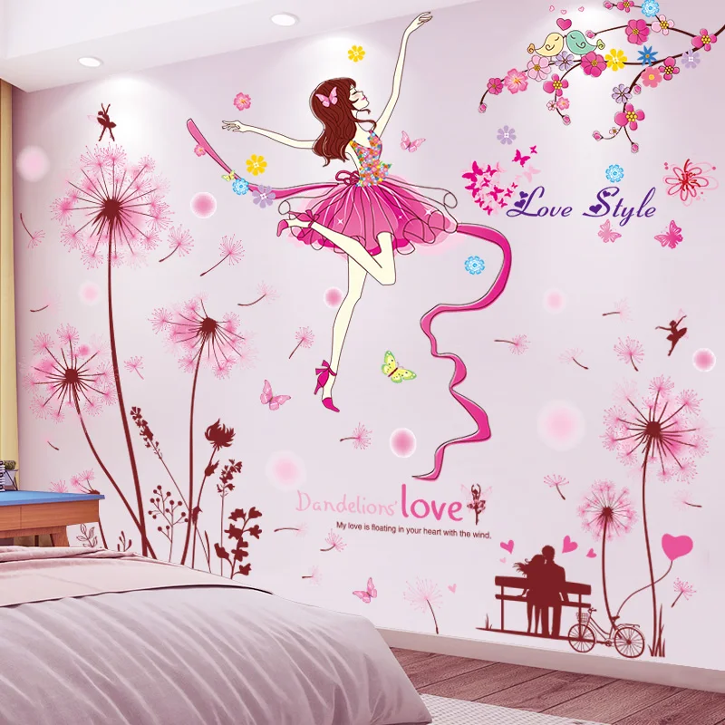 

[SHIJUEHEZI] Pink Dandelions Flowers Wall Stickers DIY Caroon Girl Dancer Wall Decals for Kids Bedroom Baby Room Home Decoration