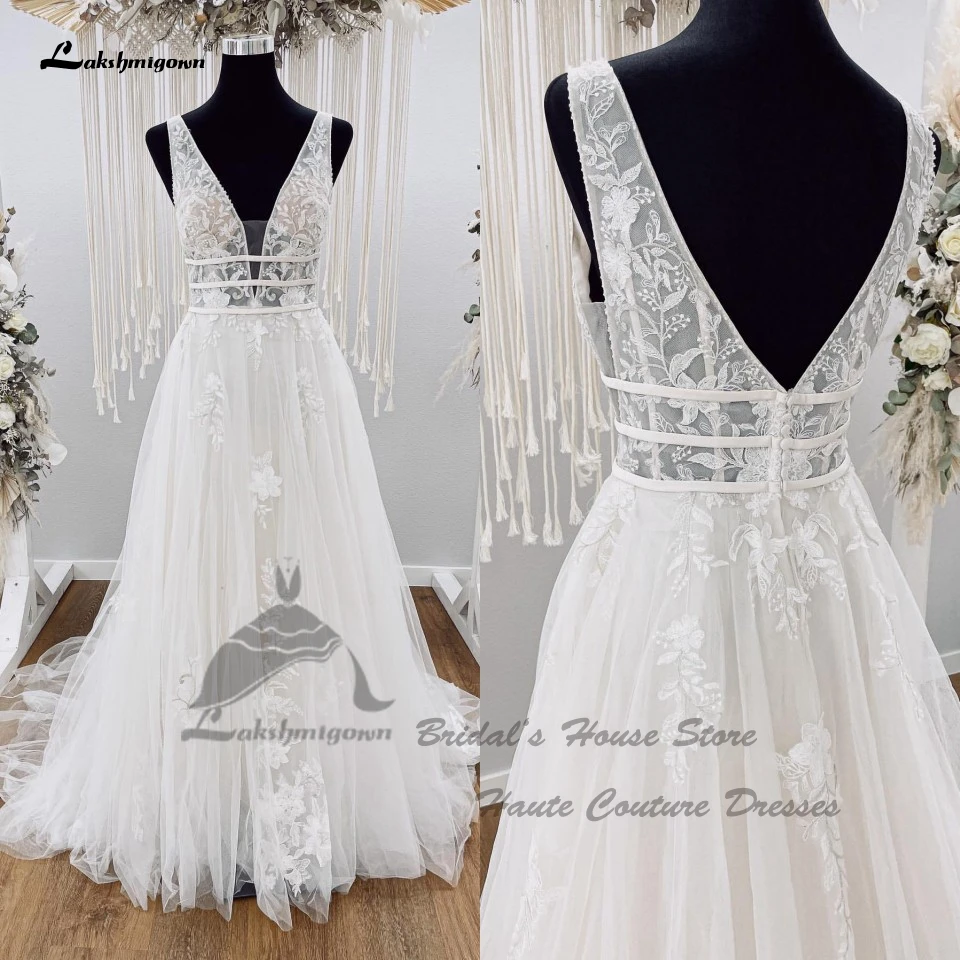 

Lakshmigown пикантное свадебное платье в стиле бохо 2022 Robe Novias глубокие винтажные кружевные пляжные свадебные платья с V-образным вырезом и открыт...