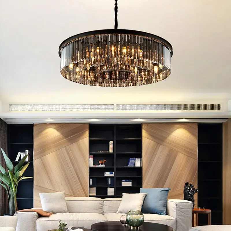 

Luxury Modern Style Simple Design Black Crystal Pendant Lamp Round Living Room Dining Room Rectangle Hanging Ceiling Chandelier