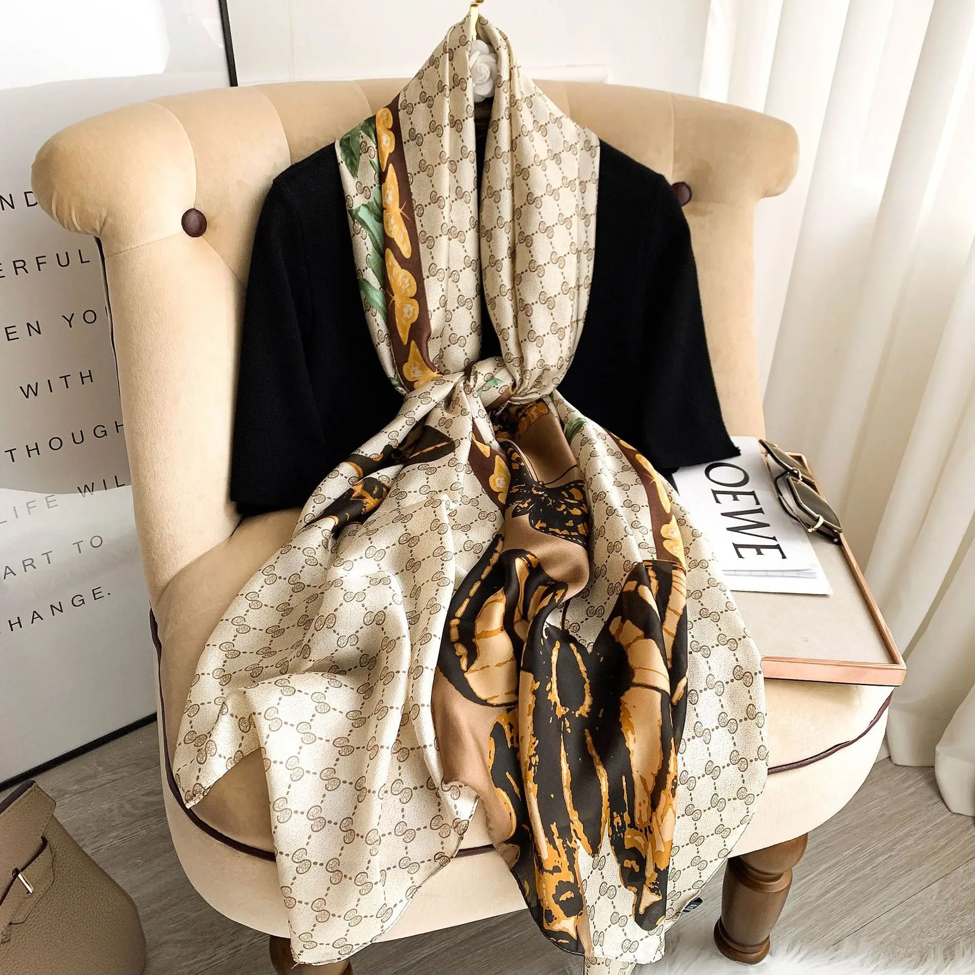 

New Luxury Brand Silk Scarf Women Summer Beach Satin Shawl Design Wrap Print Hijab Spring Large Headscarves Stoles Bandana 2022