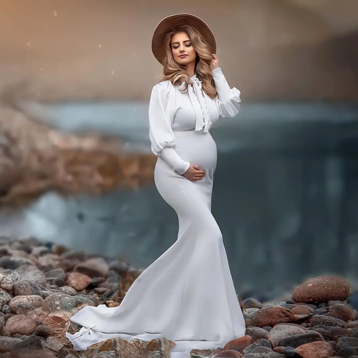 

White Mermaid Maternity Dress for Photoshoot Pregnant Women Photography Dresses Long Sleeve Babyshower Gowns for Fotos