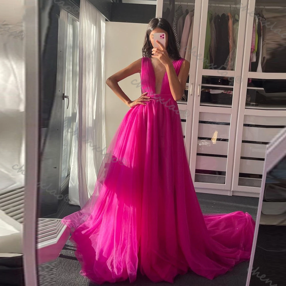 

Elegant Fuchsia A Line Prom Dresses Simple Soft Tulle Evening Gowns Sexy Deep V Neck Special Occasion Dress Plus Size