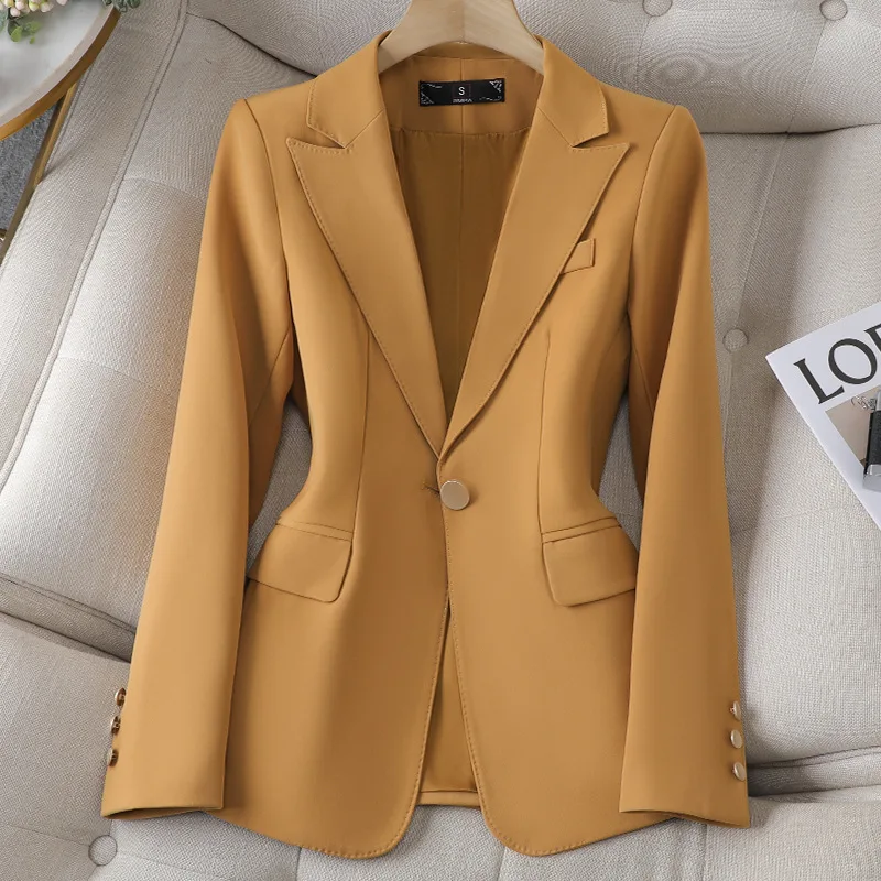 

2023 Women Fashion Vintage OL Slim Blazer Coat Female Solid Color Long Sleeve Outerwear Metal Button Suit