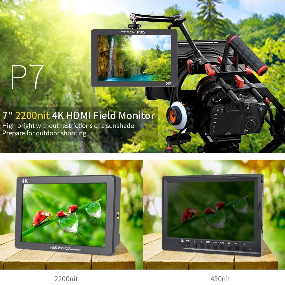 Фото FEELWORLD L7 7-дюймовый 4K HDMI 2200nit алюминиевый корпус монитора ввода/вывода 1920x1200 3D LUT сенсорный экран двойной F970 для DSLR №2