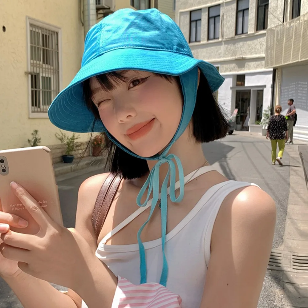 

Wide-brimmed Strap Bucket Hats Fashion Show Face Sun Protection Basin Hat Lace-up Breathable Fisherman Hat Ladies