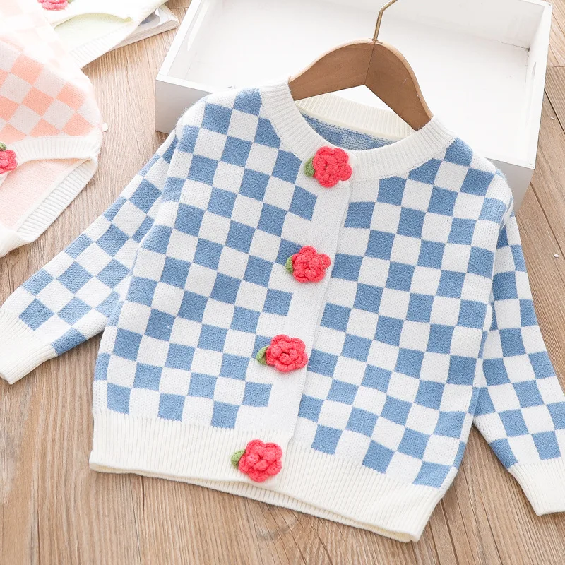 

Autumn New Girls Sweet Flower Sweater Cardigan Children's Fashion Plaid Knitted Jacket Toddler Cardigan Kids Sweaters for Girl